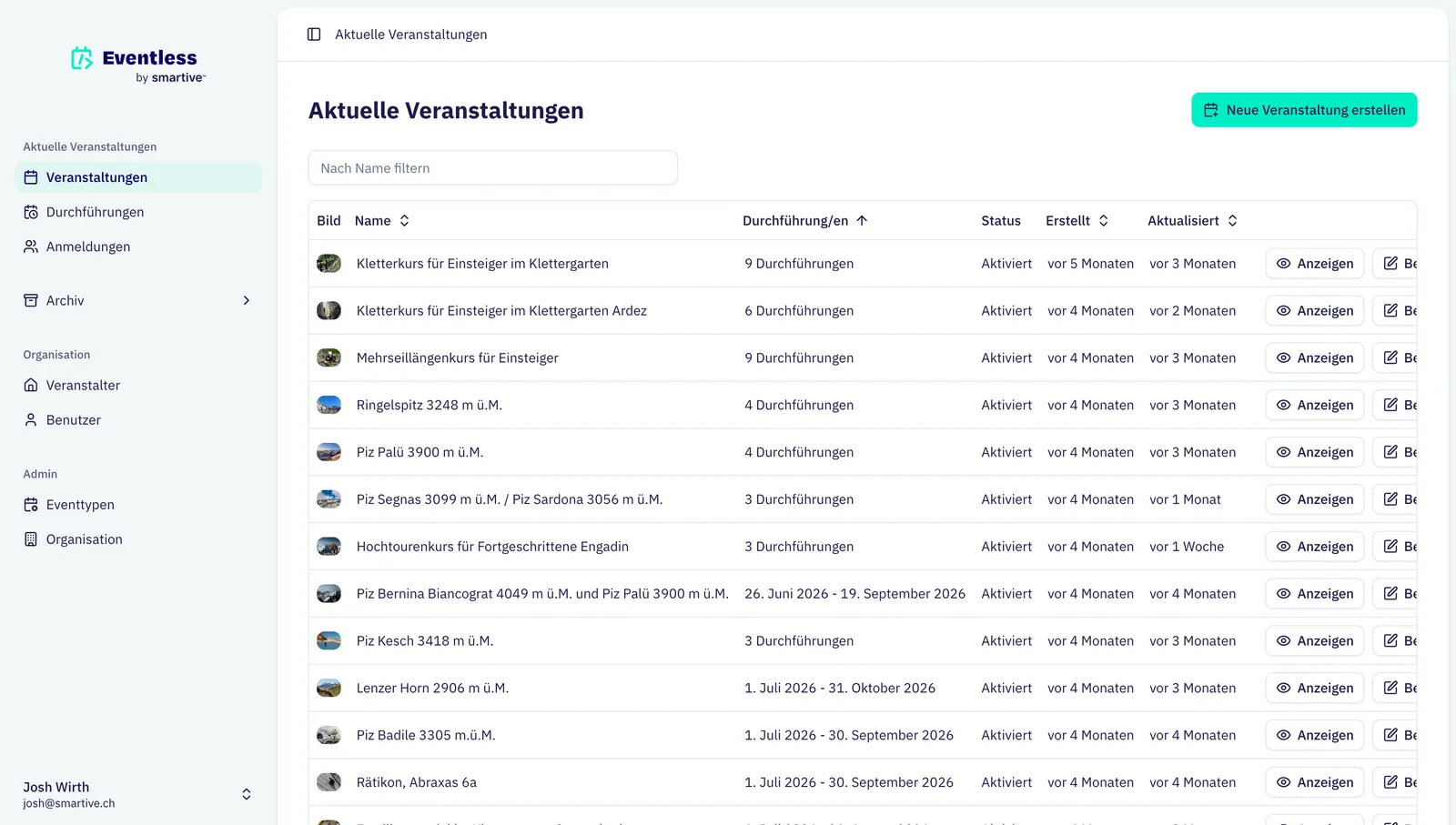 Event overview in the Eventless admin